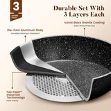 Kitchen Academy Induction Cookware Set-17 Piece Non-Stick Cooking Pan Set, Black Granite Pots and Pans Set