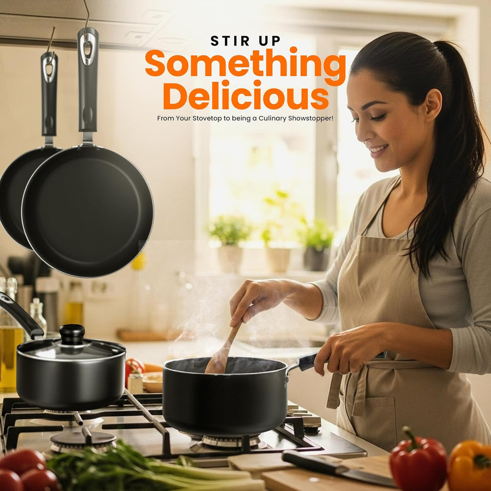 KICHLY Set of 8 Non-Stick Pots and Pans Cookware Suitable for Induction Hob with 20cm, 28cm Frying Pans and 16cm, 18cm, 20cm Saucepans Set with Lids (Black)