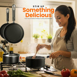 KICHLY Set of 8 Non-Stick Pots and Pans Cookware Suitable for Induction Hob with 20cm, 28cm Frying Pans and 16cm, 18cm, 20cm Saucepans Set with Lids (Black)