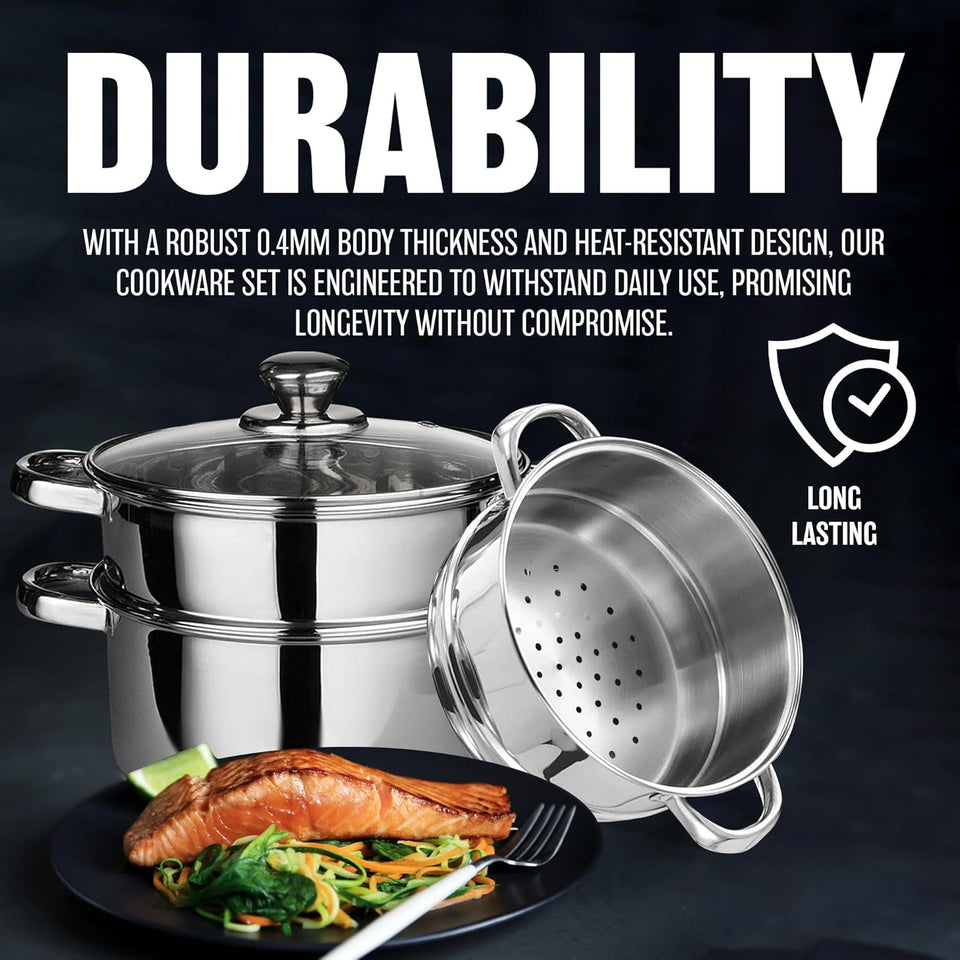 22 Cm Deluxe Steamer Cookware Set - with Glass Lid & Handles | Stainless Steel Pan, 3 Tier Pot Capsulated Bottom, Kitchen Home Cooking Pans, Chef Healthy Veg Cook, Multi Purpose