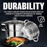 22 Cm Deluxe Steamer Cookware Set - with Glass Lid & Handles | Stainless Steel Pan, 3 Tier Pot Capsulated Bottom, Kitchen Home Cooking Pans, Chef Healthy Veg Cook, Multi Purpose