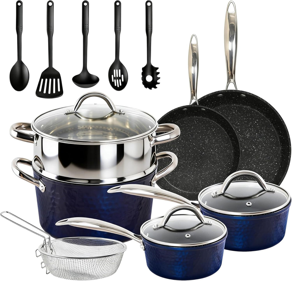 DishDelight Induction Hob Pan Set Pots and Pans Sets Non Stick 15pcs Saucepan Set with Lids Granite Cookware Nonstick Cooking Pot Frying Pan