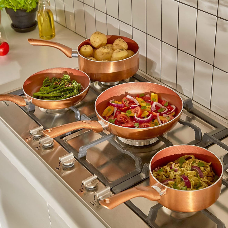 VonShef Pots and Pans Set, 5 Piece Induction Safe, Non-Stick Saucepan and Frying Pan Set, Easy Clean Copper Pots and Pans Set with Glass Lids, PFAS, PTFE, PFOA, Lead & Cadmium Free