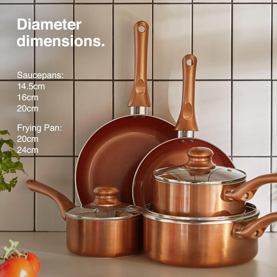 VonShef Pots and Pans Set, 5 Piece Induction Safe, Non-Stick Saucepan and Frying Pan Set, Easy Clean Copper Pots and Pans Set with Glass Lids, PFAS, PTFE, PFOA, Lead & Cadmium Free
