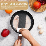 BARGAIN FACTORY Non-Stick Pots and Pans Set 8 Pieces, Cookware Set, Induction Compatible, Glass Lids, Wood-Look Handles, Cooking Marble Grey