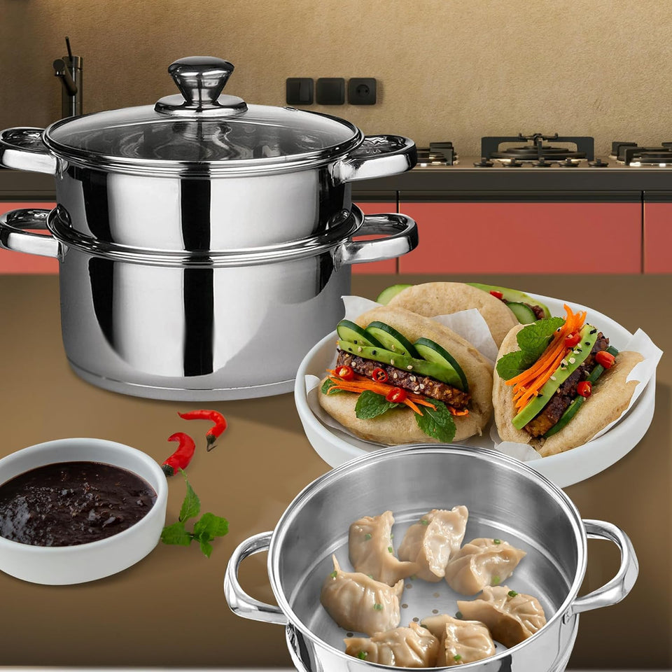22 Cm Deluxe Steamer Cookware Set - with Glass Lid & Handles | Stainless Steel Pan, 3 Tier Pot Capsulated Bottom, Kitchen Home Cooking Pans, Chef Healthy Veg Cook, Multi Purpose
