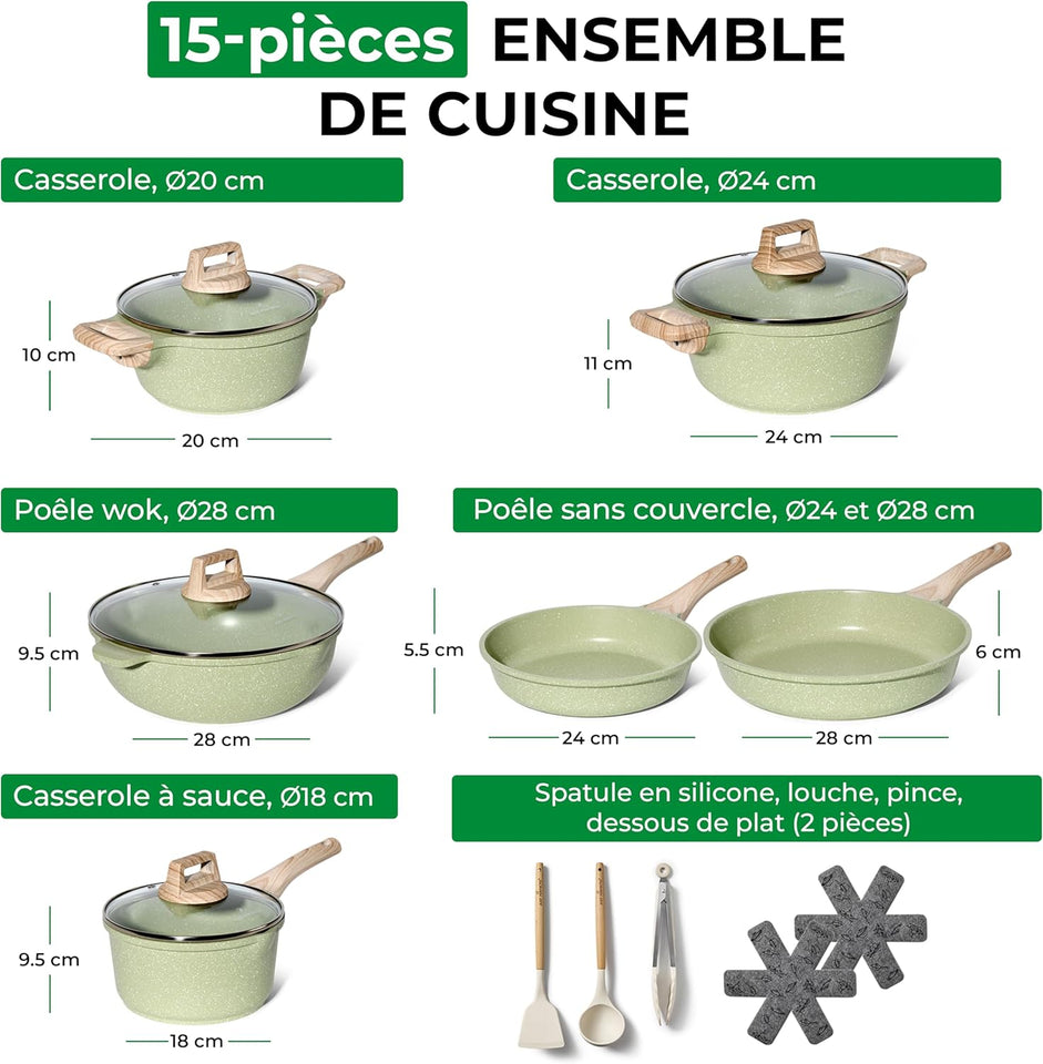 Just Perfecto Set of 15 Pots and Pans, Non-Stick Cookware Set, Granite Induction Cookware Non-Stick Set with Frying Pans and Saucepans (PFOS, PFOA Free) (Green)