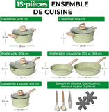 Just Perfecto Set of 15 Pots and Pans, Non-Stick Cookware Set, Granite Induction Cookware Non-Stick Set with Frying Pans and Saucepans (PFOS, PFOA Free) (Green)