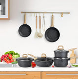 Terlulu Induction Hob Pots and Pans Set - 13pcs Nonstick Cooking Pans Set, Black Granite Cookware Set with Lid, Non Stick Saucepan Set, Frying Pan Set, PFAS PTFE PFOA PFOS Free