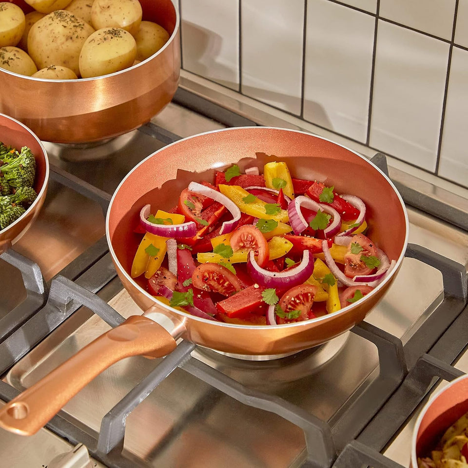 VonShef Pots and Pans Set, 5 Piece Induction Safe, Non-Stick Saucepan and Frying Pan Set, Easy Clean Copper Pots and Pans Set with Glass Lids, PFAS, PTFE, PFOA, Lead & Cadmium Free