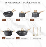 Terlulu Induction Hob Pots and Pans Set - 13pcs Nonstick Cooking Pans Set, Black Granite Cookware Set with Lid, Non Stick Saucepan Set, Frying Pan Set, PFAS PTFE PFOA PFOS Free