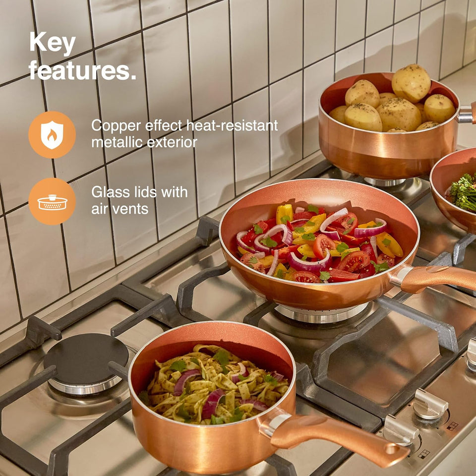 VonShef Pots and Pans Set, 5 Piece Induction Safe, Non-Stick Saucepan and Frying Pan Set, Easy Clean Copper Pots and Pans Set with Glass Lids, PFAS, PTFE, PFOA, Lead & Cadmium Free