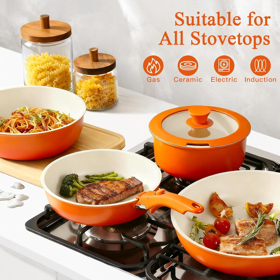 GiPP 11Pcs Pots and Pans Set with Detachable Handle, Pans Set with Ceramic Non-Stick Coating, Induction Stackable Cooking Pots Set, Mobile Cookware Set Ovenproof Safe, Orange Gradient