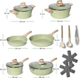 Just Perfecto Set of 15 Pots and Pans, Non-Stick Cookware Set, Granite Induction Cookware Non-Stick Set with Frying Pans and Saucepans (PFOS, PFOA Free) (Green)