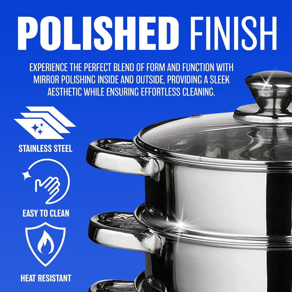 22 Cm Deluxe Steamer Cookware Set - with Glass Lid & Handles | Stainless Steel Pan, 3 Tier Pot Capsulated Bottom, Kitchen Home Cooking Pans, Chef Healthy Veg Cook, Multi Purpose