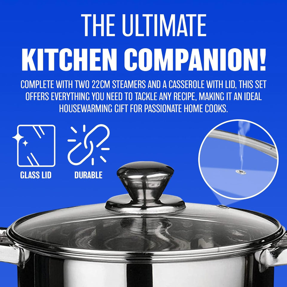 22 Cm Deluxe Steamer Cookware Set - with Glass Lid & Handles | Stainless Steel Pan, 3 Tier Pot Capsulated Bottom, Kitchen Home Cooking Pans, Chef Healthy Veg Cook, Multi Purpose