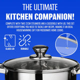 22 Cm Deluxe Steamer Cookware Set - with Glass Lid & Handles | Stainless Steel Pan, 3 Tier Pot Capsulated Bottom, Kitchen Home Cooking Pans, Chef Healthy Veg Cook, Multi Purpose