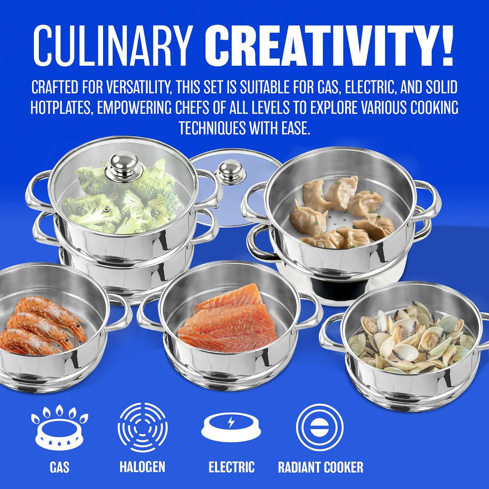 22 Cm Deluxe Steamer Cookware Set - with Glass Lid & Handles | Stainless Steel Pan, 3 Tier Pot Capsulated Bottom, Kitchen Home Cooking Pans, Chef Healthy Veg Cook, Multi Purpose