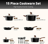 DishDelight Induction Hob Pan Set Pots and Pans Sets Non Stick 15pcs Saucepan Set with Lids Granite Cookware Nonstick Cooking Pot Frying Pan