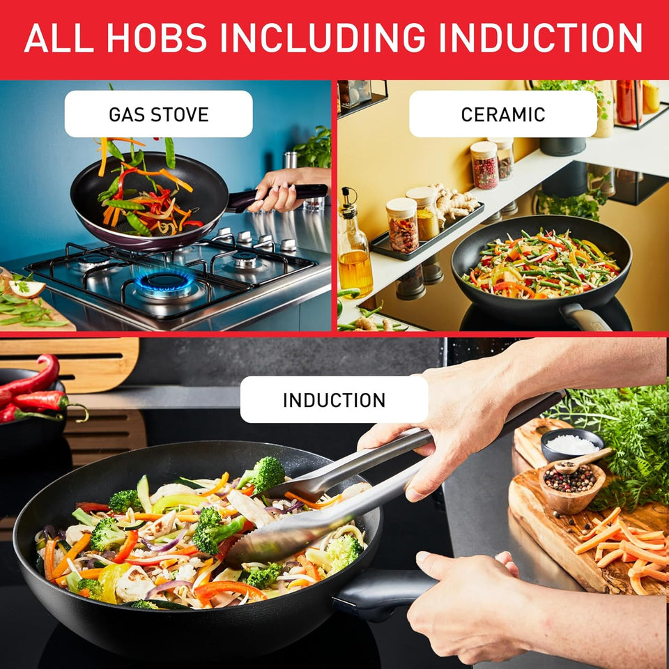 Tefal Induction Non‑Stick Coating 5‑Piece Cookware Set, 16/18/20 cm Saucepans + 22/26 cm Frying Pans, Thermo‑Signal, Glass Lids, All Hobs Including Induction, Black - G155S54