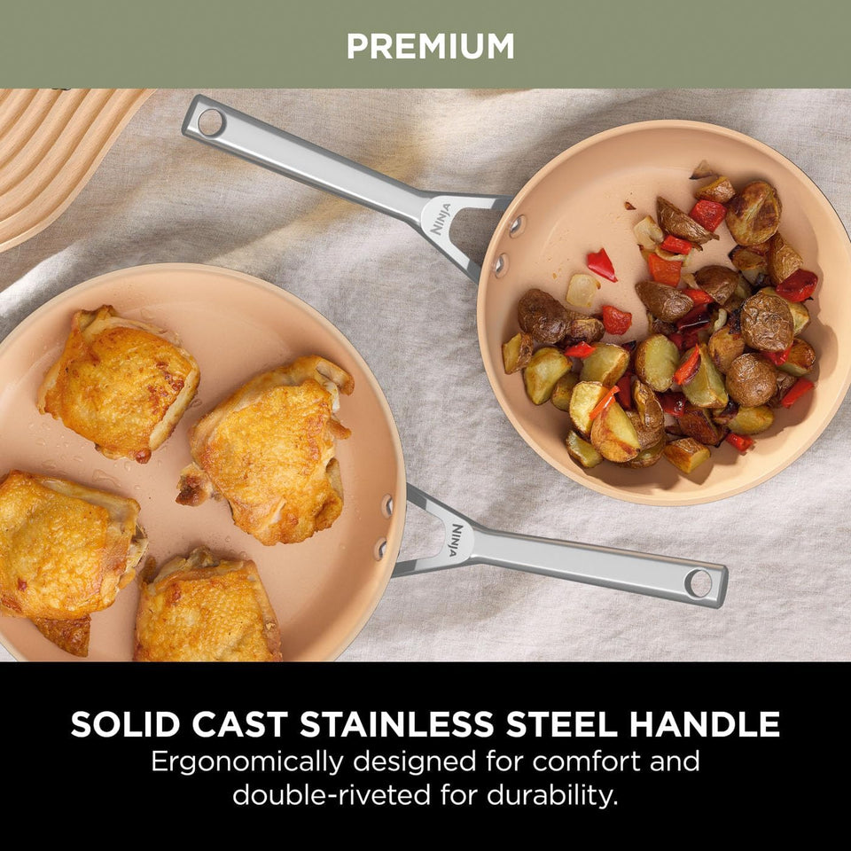 Ninja Extended Life 5-Piece Ceramic Cookware Set (20 & 24cm Frying Pans + 16, 18 & 20cm Saucepans & Lids), Non-Stick (No PFAs, PFOAs, Lead or Cadmium), Oven Safe 285°C, Terracotta/Grey, CW95000EUUKDB