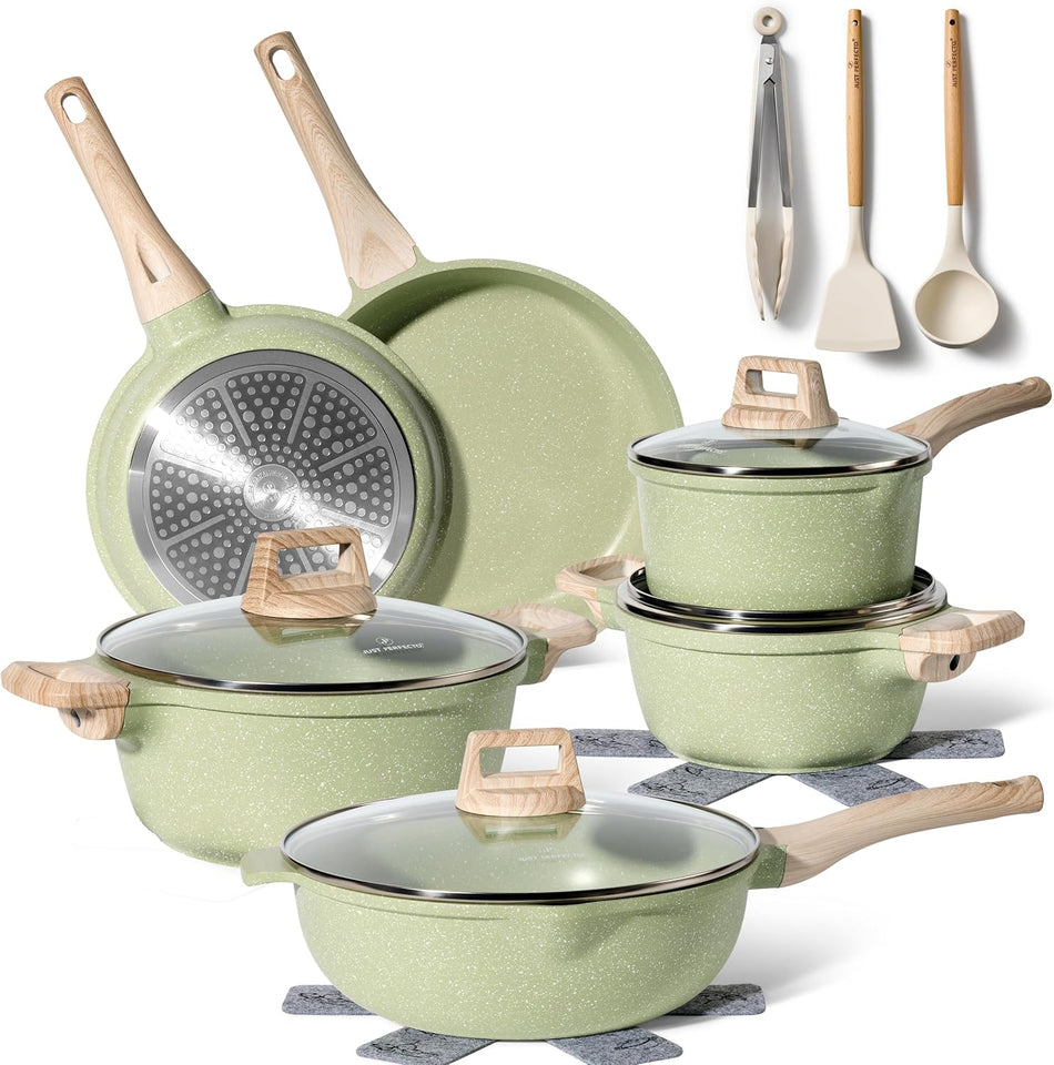 Just Perfecto Set of 15 Pots and Pans, Non-Stick Cookware Set, Granite Induction Cookware Non-Stick Set with Frying Pans and Saucepans (PFOS, PFOA Free) (Green)
