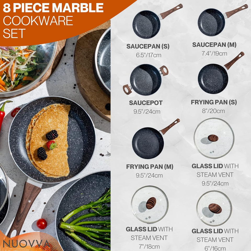 Non Stick Pots and Pans Set – Induction Hob Pot Set – 8pcs Kitchen Cookware with Lids – Cooking Marble Saucepan Pots and Frying Pans – by Nuovva