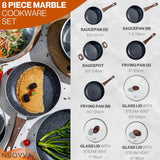 Non Stick Pots and Pans Set – Induction Hob Pot Set – 8pcs Kitchen Cookware with Lids – Cooking Marble Saucepan Pots and Frying Pans – by Nuovva