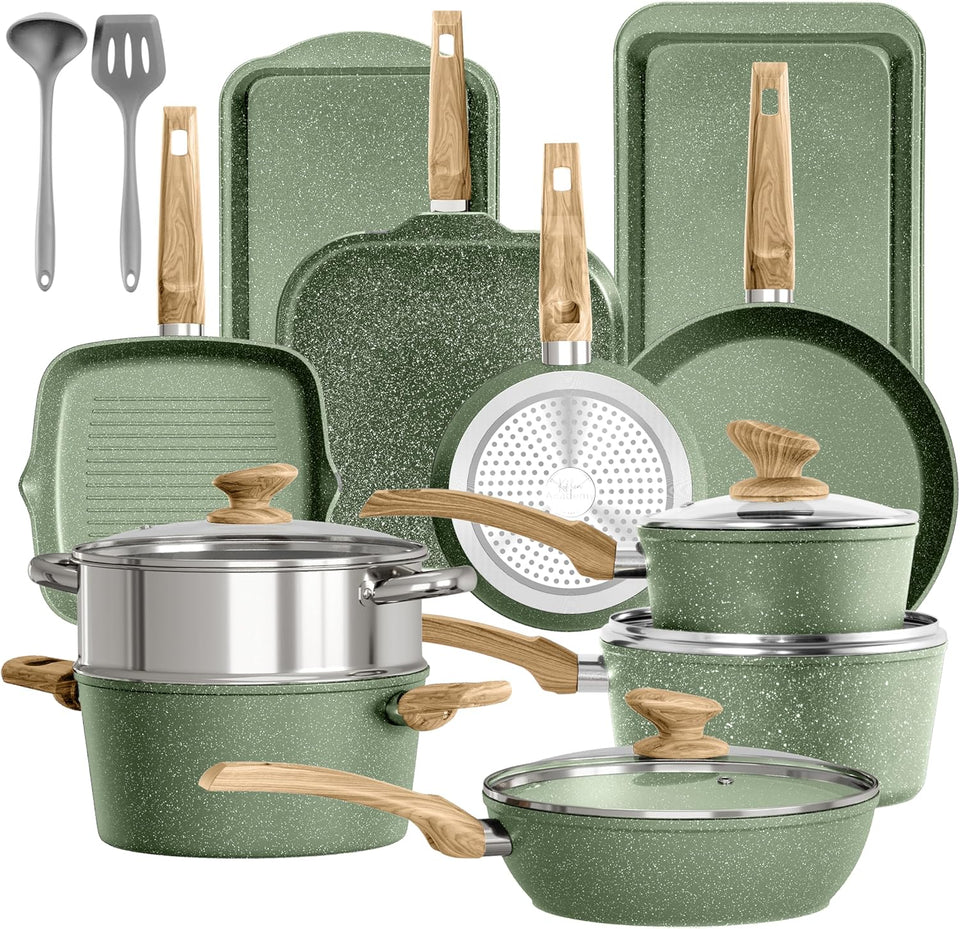 Kitchen Academy 17 Piece Non-Stick Pots and Pans Set, Induction Pan Set, Granite Non-Stick Saucepan Set, Green