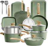 Kitchen Academy 17 Piece Non-Stick Pots and Pans Set, Induction Pan Set, Granite Non-Stick Saucepan Set, Green