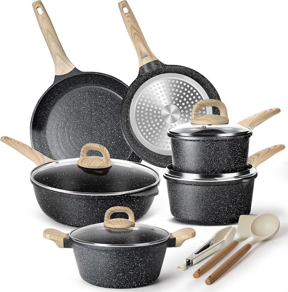 Terlulu Induction Hob Pots and Pans Set - 13pcs Nonstick Cooking Pans Set, Black Granite Cookware Set with Lid, Non Stick Saucepan Set, Frying Pan Set, PFAS PTFE PFOA PFOS Free