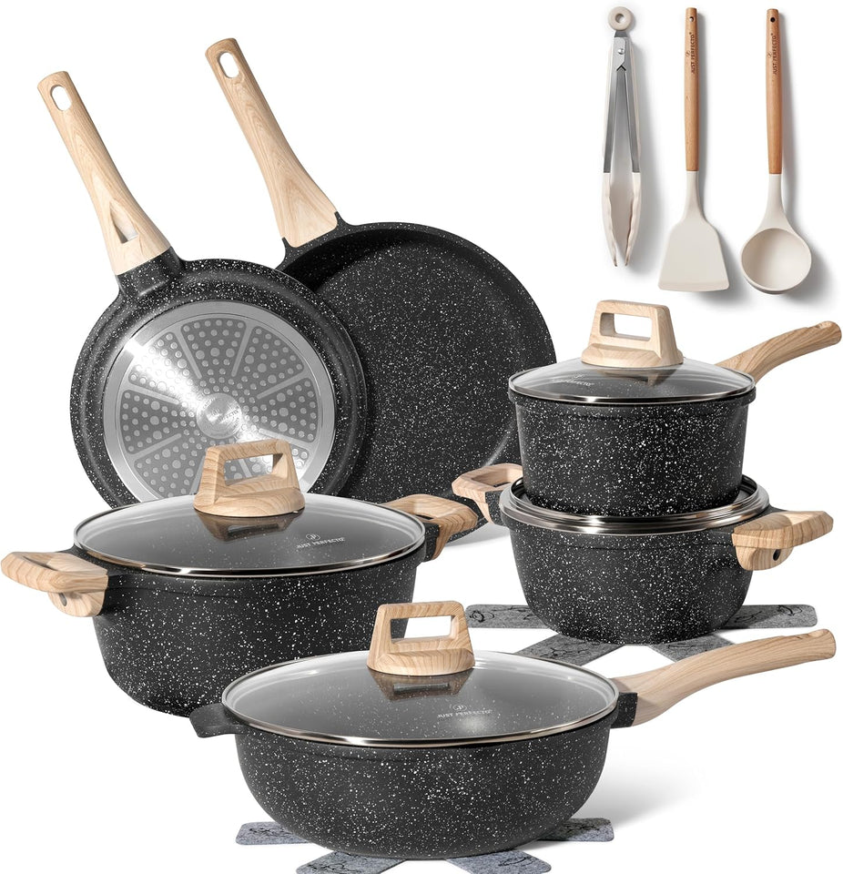 Just Perfecto Set of 15 Pots and Pans, Non-Stick Cookware Set, Granite Induction Cookware Non-Stick Set with Frying Pans and Saucepans (PFOS, PFOA Free) (Green)
