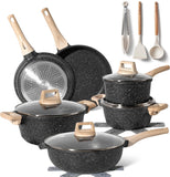 Just Perfecto Set of 15 Pots and Pans, Non-Stick Cookware Set, Granite Induction Cookware Non-Stick Set with Frying Pans and Saucepans (PFOS, PFOA Free) (Green)