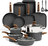 Kitchen Academy Induction Cookware Set-17 Piece Non-Stick Cooking Pan Set, Black Granite Pots and Pans Set