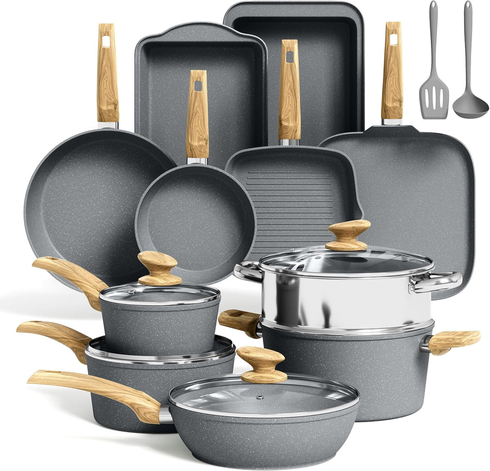 Kitchen Academy Induction Cookware Set-17 Piece Non-Stick Cooking Pan Set, Black Granite Pots and Pans Set